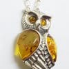Sterling Silver Natural Baltic Amber Large Owl Bird Pendant on Silver Chain