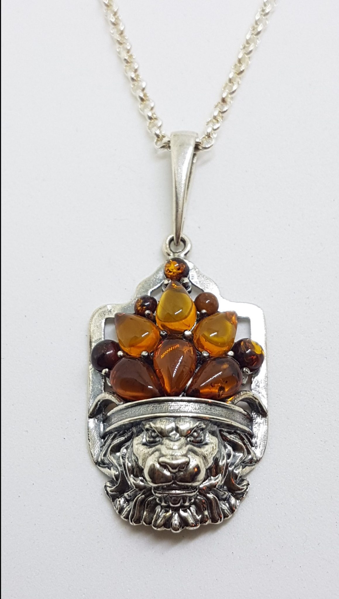 Sterling Silver Amber Lion Pendant on Sterling Silver Chain