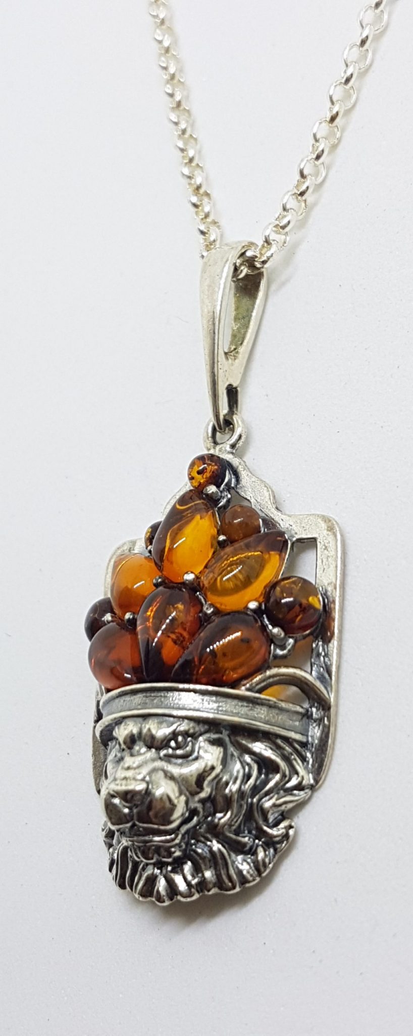 Sterling Silver Amber Lion Pendant on Sterling Silver Chain