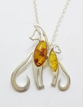 Sterling Silver Amber Mother and Child Cat Pendant on Silver Chain - 2 Cats - Kitten