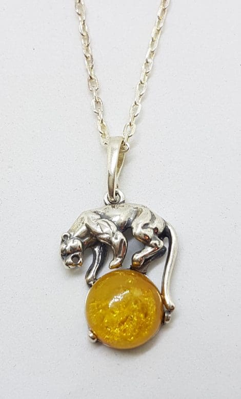 Sterling Silver Amber Puma on Ball Pendant on Silver Chain