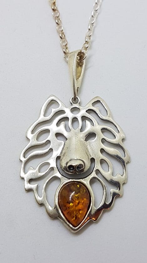 Sterling Silver Amber Wolf Pendant on Silver Chain