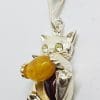 Sterling Silver Butter and Brown Amber Cat Pendant on Silver Chain