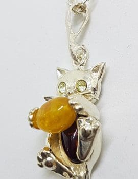 Sterling Silver Butter and Brown Amber Cat Pendant on Silver Chain