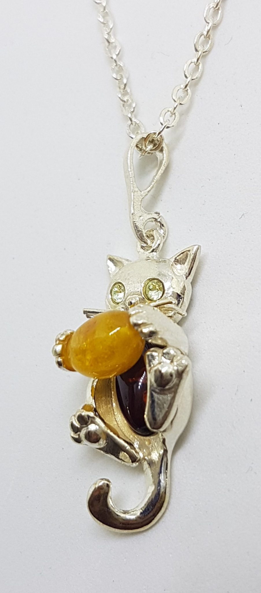 Sterling Silver Butter and Brown Amber Cat Pendant on Silver Chain