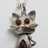 Sterling Silver Amber Jointed Cat Pendants on Chains