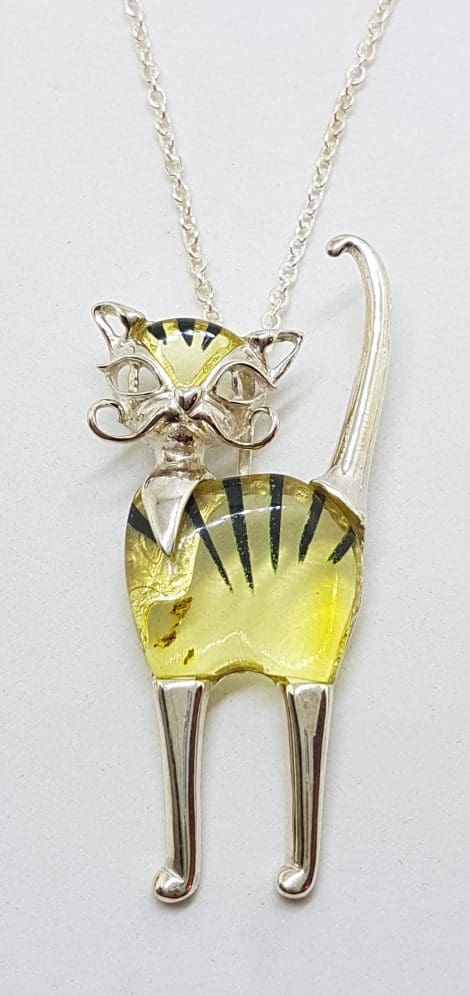 Sterling Silver Green Amber Cat Pendant on Chain - Also Available as Brooch
