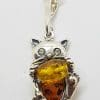 Sterling Silver Brown Amber Cat Pendant on Silver Chain