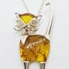 Sterling Silver Large Amber Cat Pendant on Chain