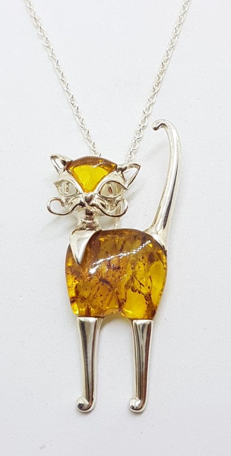 Sterling Silver Large Amber Cat Pendant on Chain