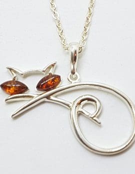 Sterling Silver Stylised Amber Cat Pendant on Silver Chain