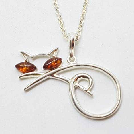 Sterling Silver Stylised Amber Cat Pendant on Silver Chain