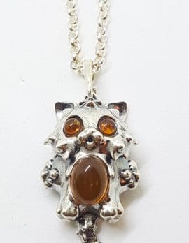 Sterling Silver Cartoon Style Amber Cat Pendant on Silver Chain