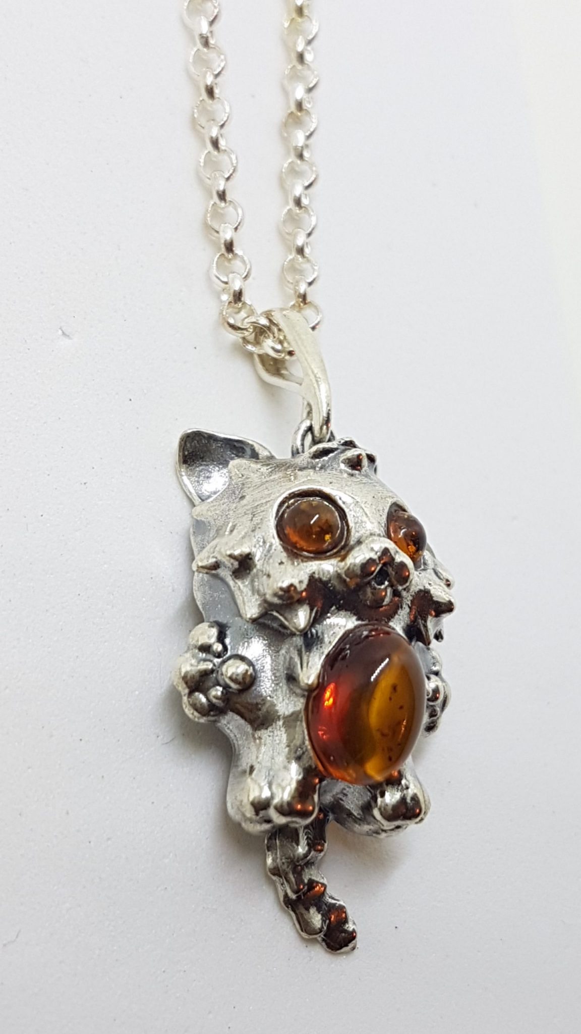Sterling Silver Cartoon Style Amber Cat Pendant on Silver Chain