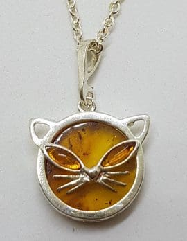 Sterling Silver Round Amber Cat Face Pendant on Silver Chain