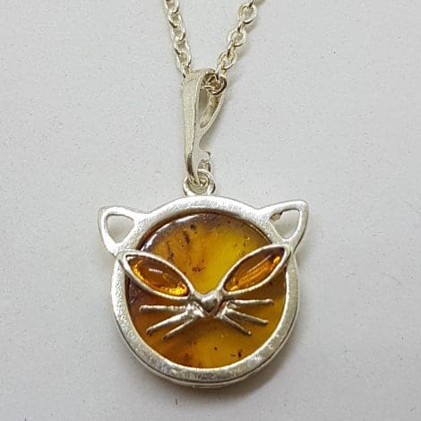 Sterling Silver Round Amber Cat Face Pendant on Silver Chain