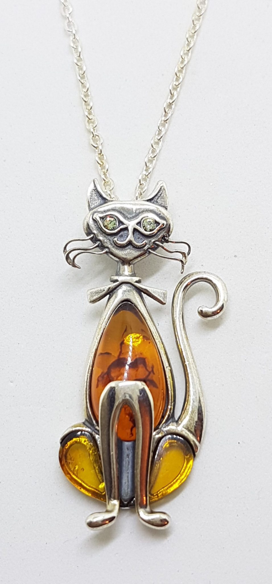 Sterling Silver Long Amber and CZ Cat Pendant on Chain