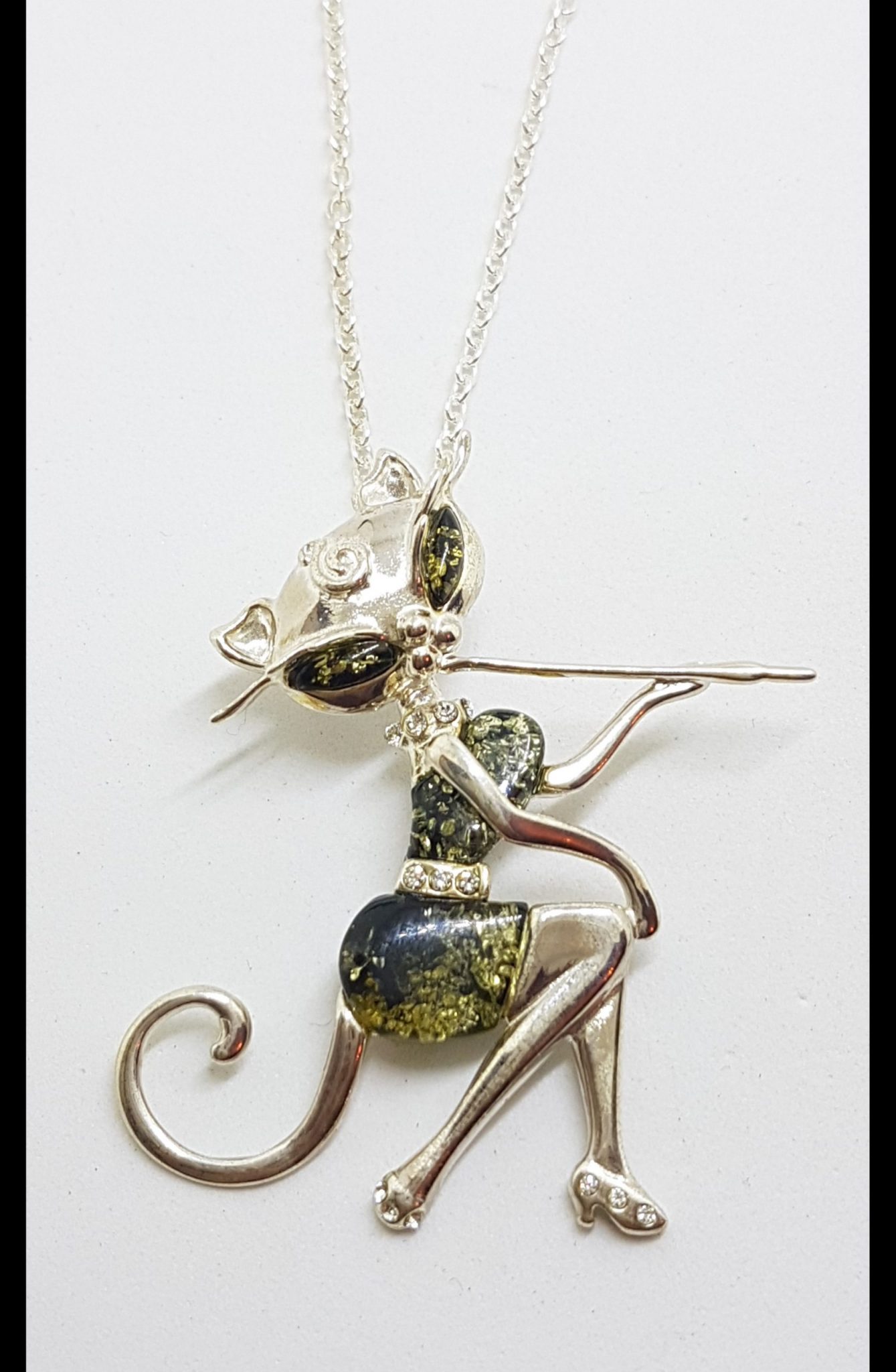 20200707_214026 Sterling Silver Large Green Amber and CZ Elegant Cat Sitting Pendant on Chain - Also Available as Brooch