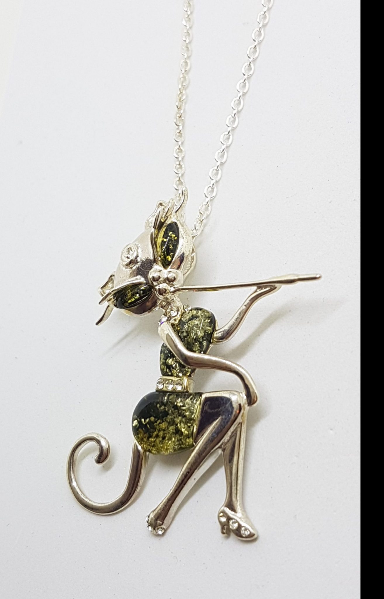 20200707_214039 Sterling Silver Large Green Amber and CZ Elegant Cat Sitting Pendant on Chain - Also Available as Brooch