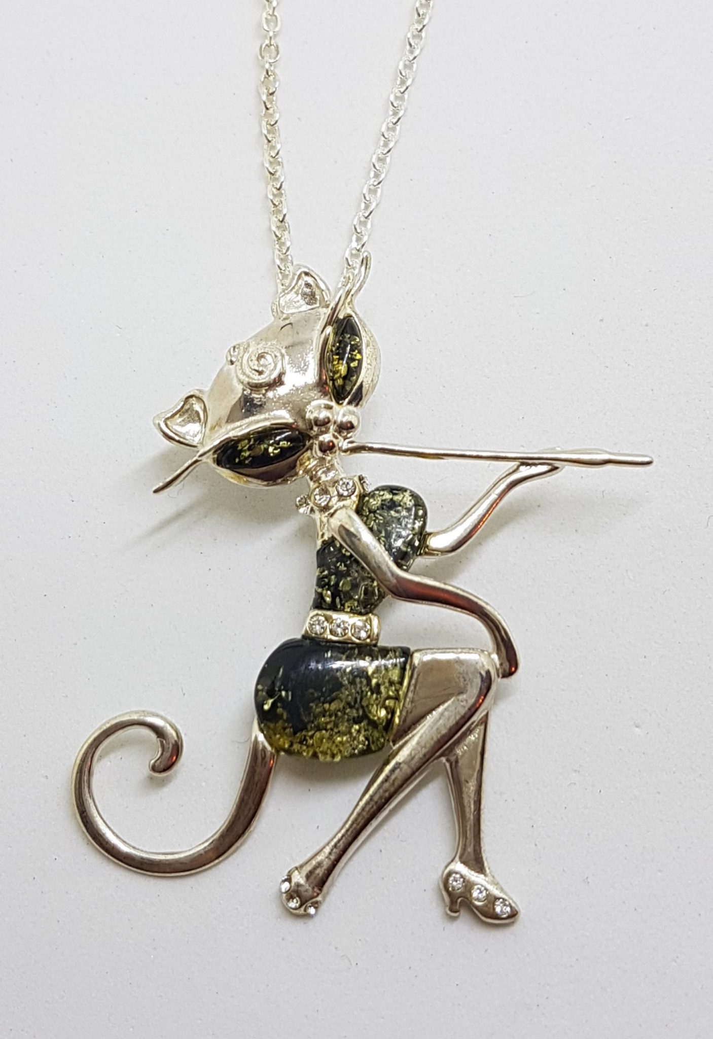 20200707_214100 Sterling Silver Large Green Amber and CZ Elegant Cat Sitting Pendant on Chain - Also Available as Brooch