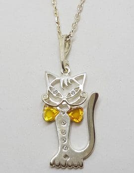 Sterling Silver Amber and CZ Cat with Bow Tie Pendant on Chain