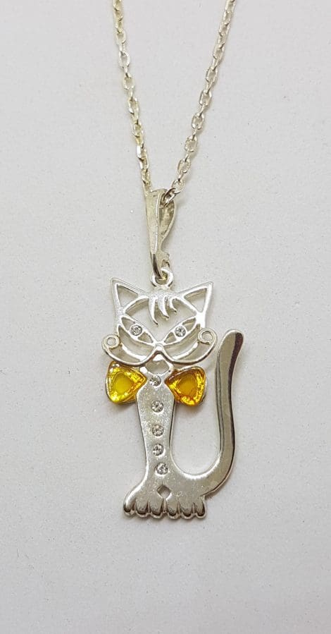 Sterling Silver Amber and CZ Cat with Bow Tie Pendant on Chain