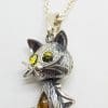 Sterling Silver Amber Jointed Cat Pendants on Chains