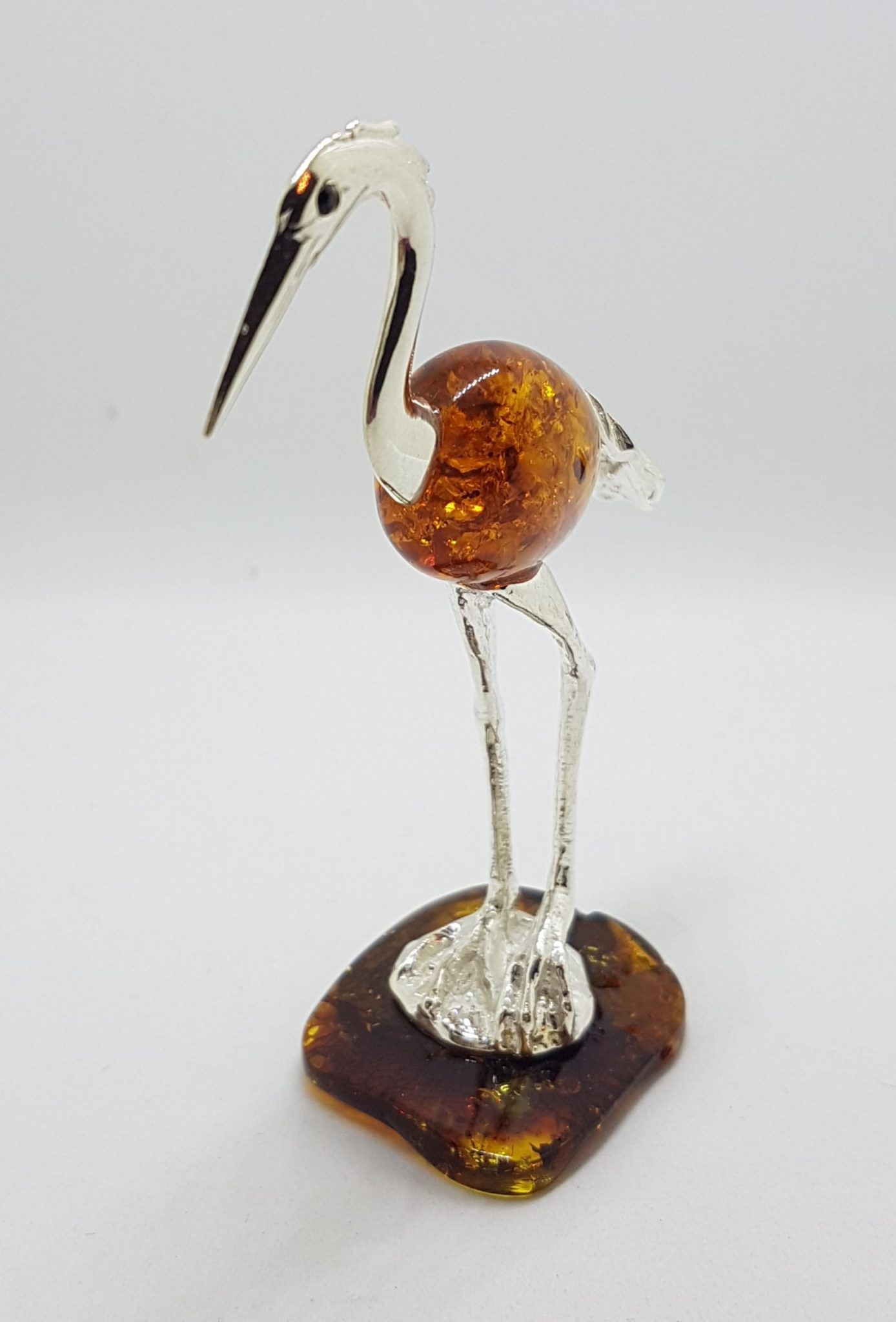 Tall Crane / Heron / Egret / Bird - Solid Sterling Silver Natural Baltic Amber Figurine / Statue / Sculpture
