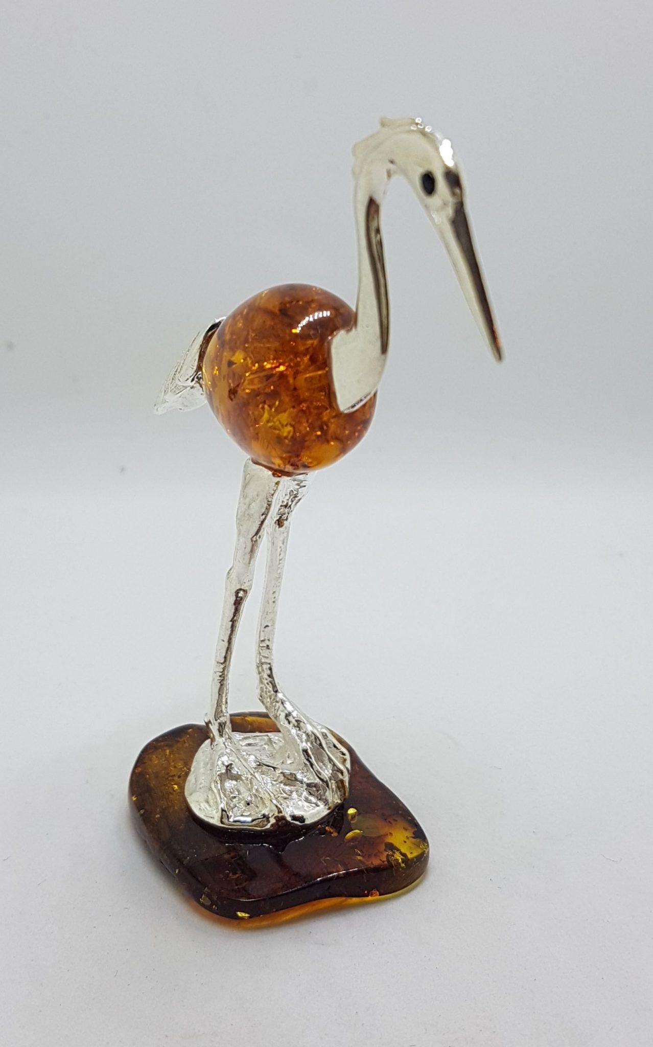 Tall Crane / Heron / Egret / Bird - Solid Sterling Silver Natural Baltic Amber Figurine / Statue / Sculpture