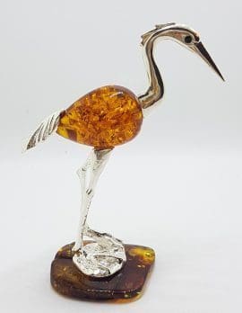 Tall Crane / Heron / Egret / Bird - Solid Sterling Silver Natural Baltic Amber Figurine / Statue / Sculpture