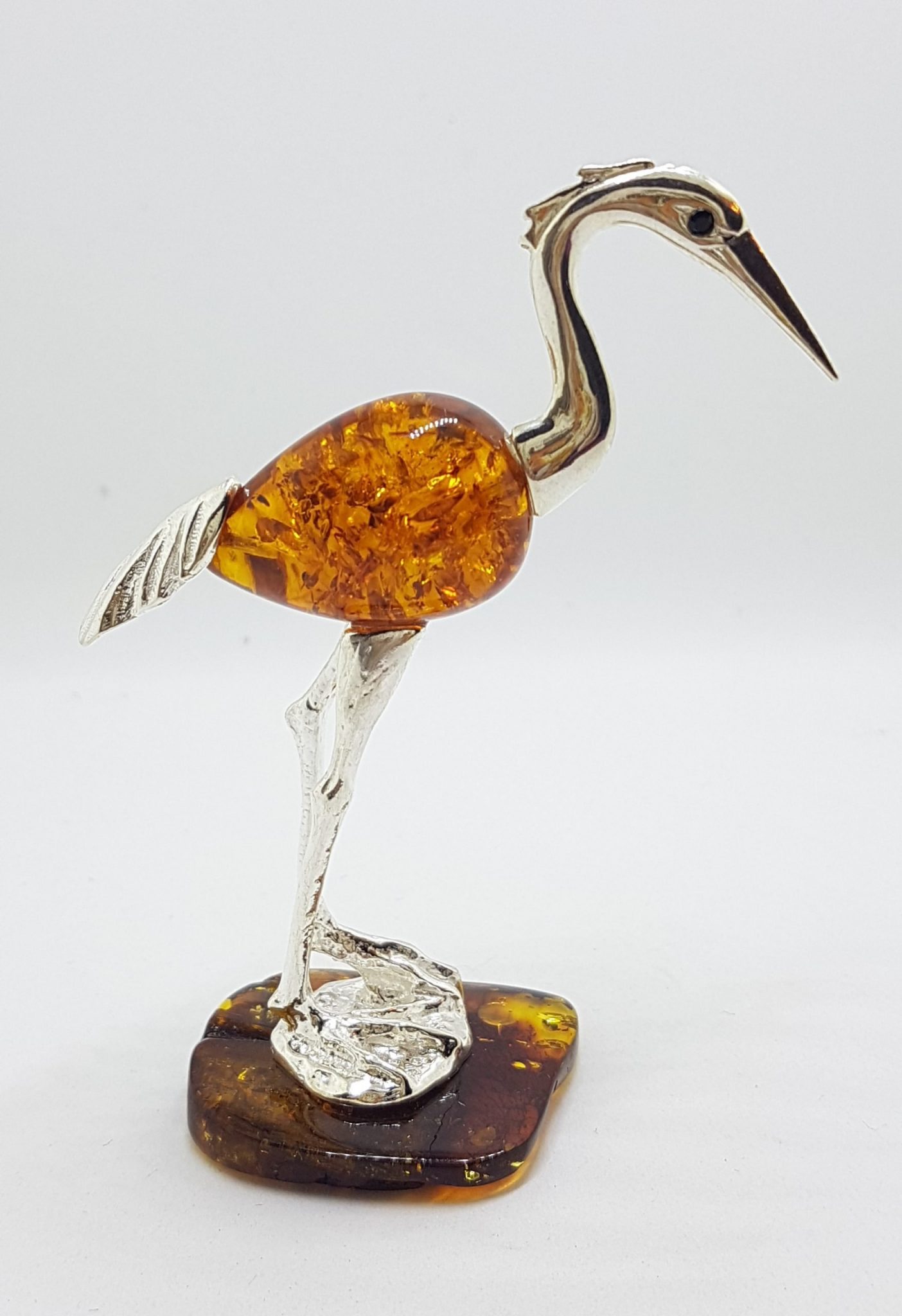 Tall Crane / Heron / Egret / Bird - Solid Sterling Silver Natural Baltic Amber Figurine / Statue / Sculpture