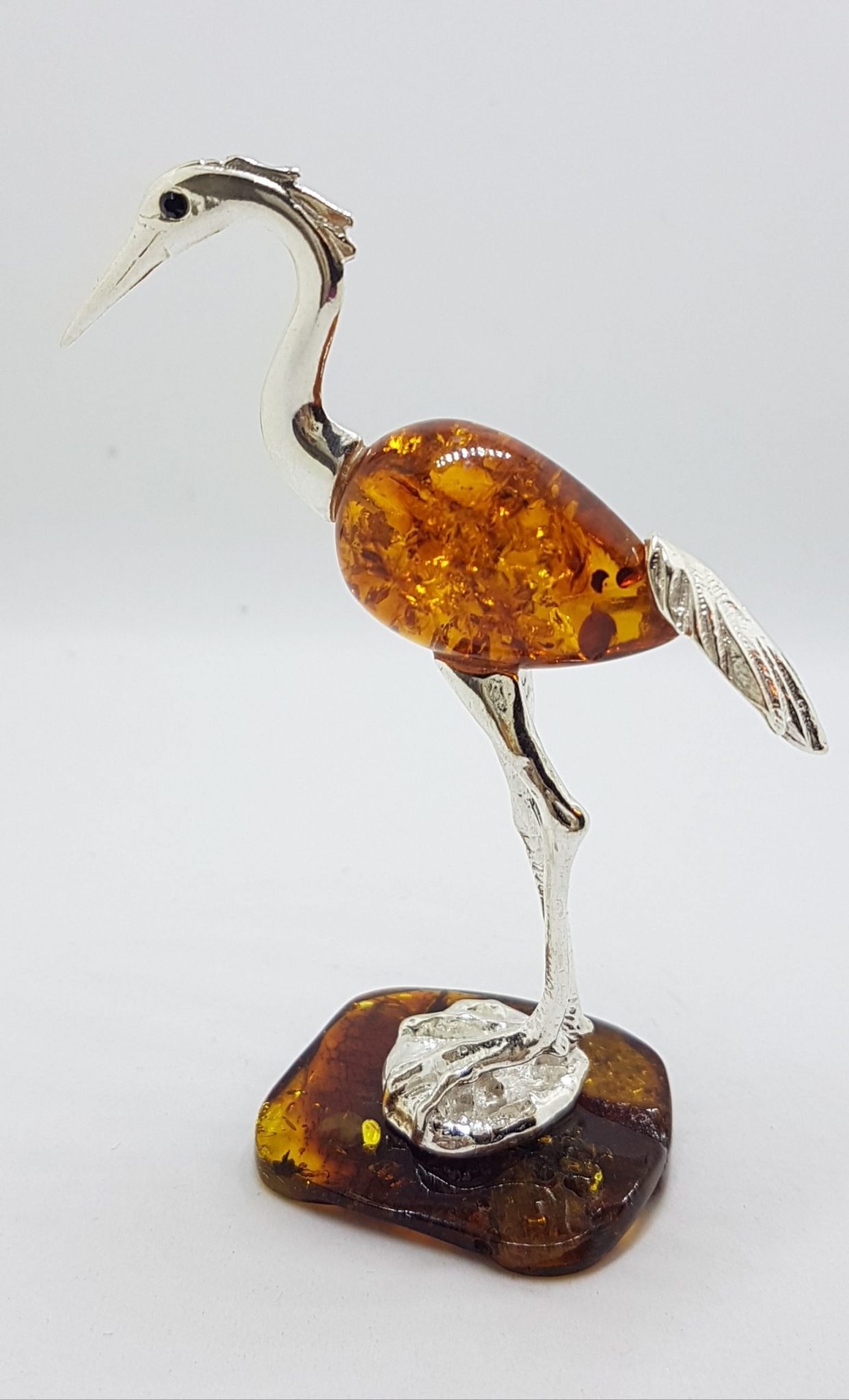 Tall Crane / Heron / Egret / Bird - Solid Sterling Silver Natural Baltic Amber Figurine / Statue / Sculpture