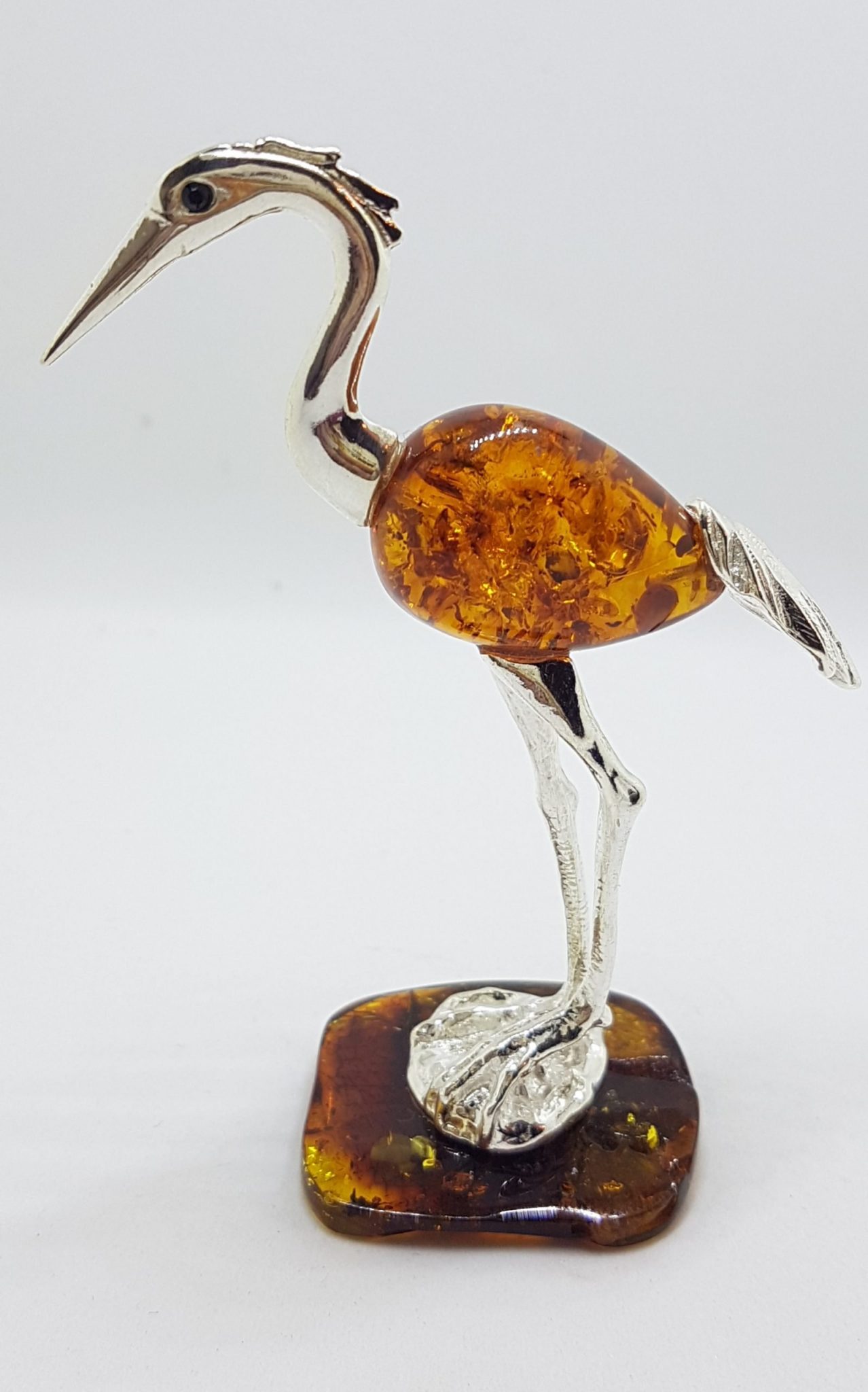 Tall Crane / Heron / Egret / Bird - Solid Sterling Silver Natural Baltic Amber Figurine / Statue / Sculpture