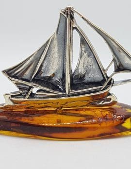 Sailing Boat / Ship / Yacht - Sterling Silver Natural Baltic Amber Small Figurine / Statue / Sculpture