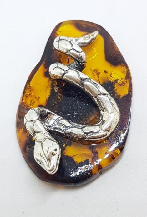 Snake / Reptile - Solid Sterling Silver Natural Baltic Amber Small Figurine / Statue / Sculpture