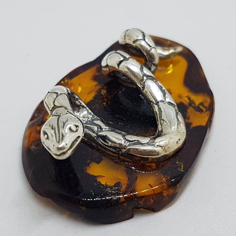 20200711_202325 Snake / Reptile - Solid Sterling Silver Natural Baltic Amber Small Figurine / Statue / Sculpture