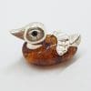 Duck - Solid Sterling Silver Natural Baltic Amber Small Figurine / Statue / Sculpture