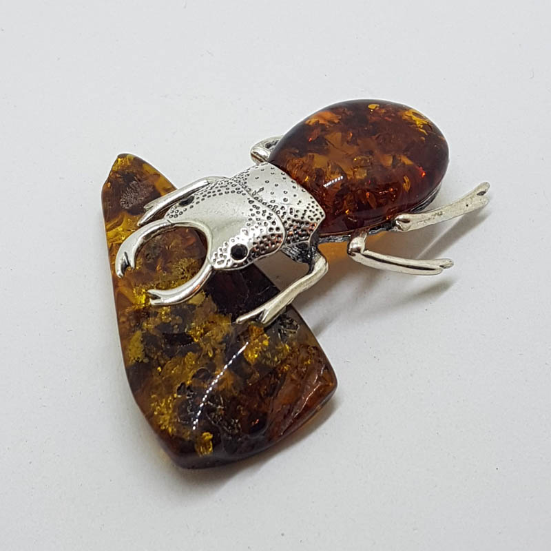 Large Beetle / Stag Beetle - Solid Sterling Silver Natural Baltic Amber Figurine / Statue / Sculpture