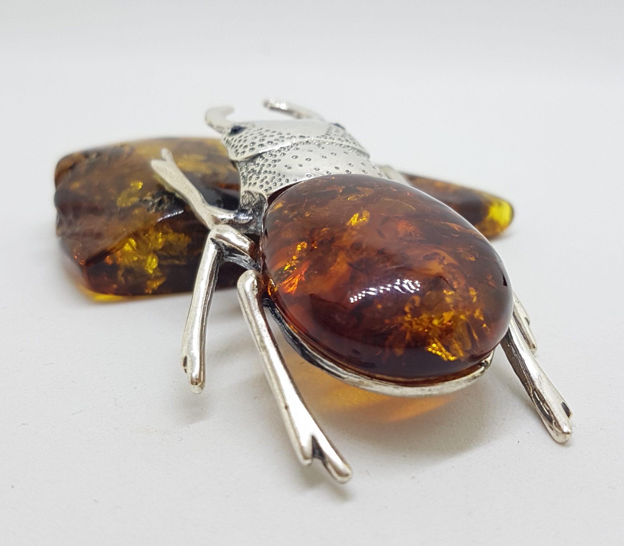 Large Beetle / Stag Beetle - Solid Sterling Silver Natural Baltic Amber Figurine / Statue / Sculpture