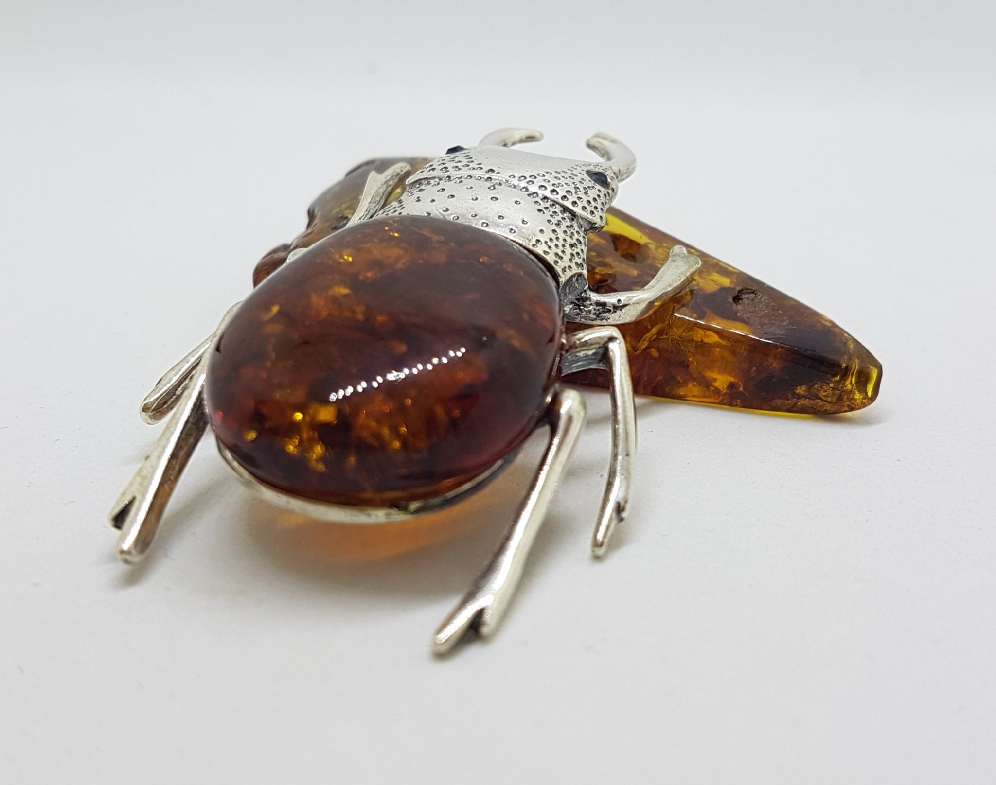 Large Beetle / Stag Beetle - Solid Sterling Silver Natural Baltic Amber Figurine / Statue / Sculpture