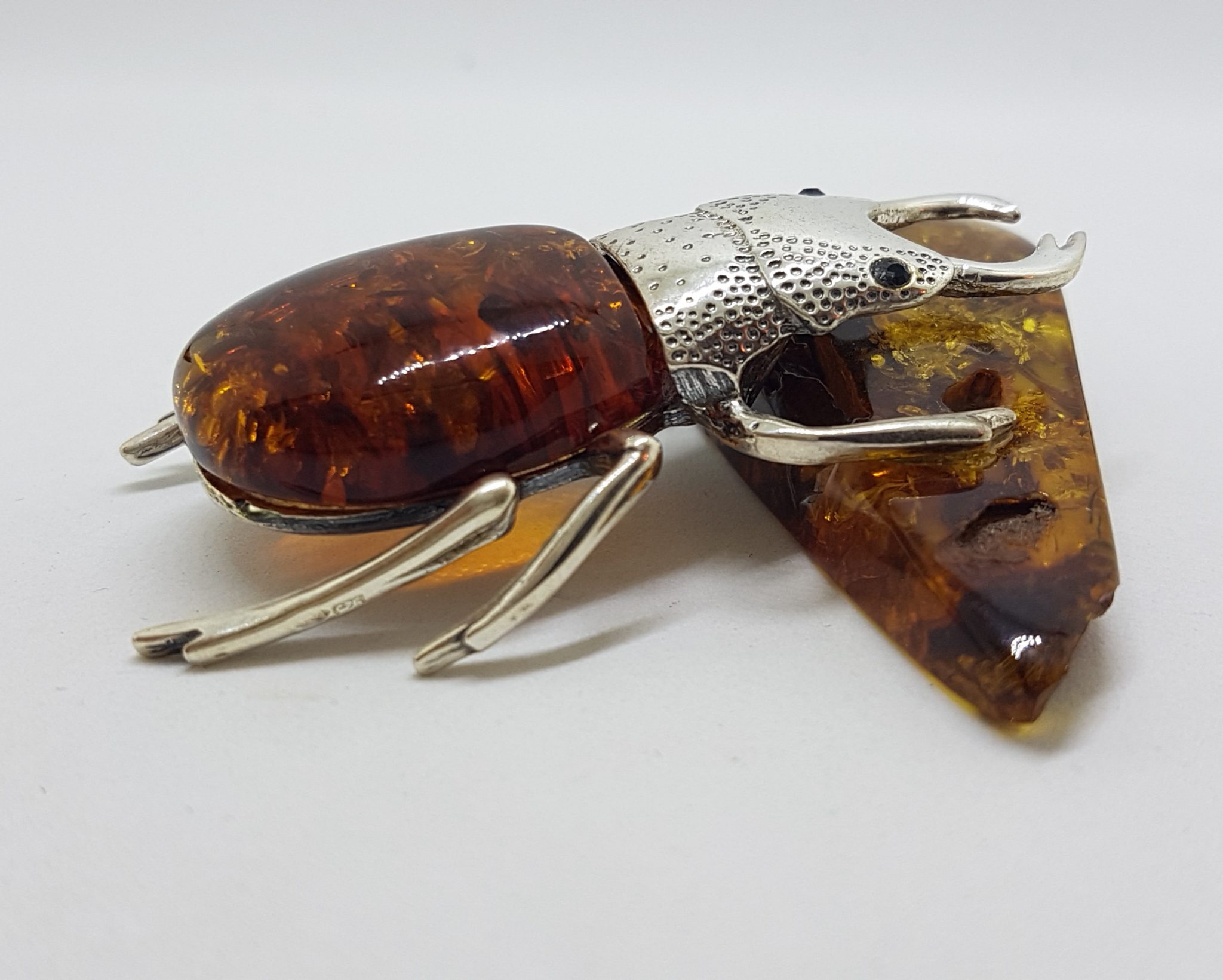 Large Beetle / Stag Beetle - Solid Sterling Silver Natural Baltic Amber Figurine / Statue / Sculpture