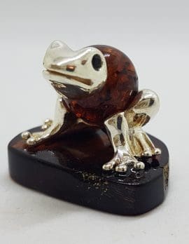 Frog - Solid Sterling Silver Natural Baltic Amber Small Figurine / Statue / Sculpture