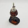 Cute Funny Rooster / Hen / Chook / Bird - Solid Sterling Silver Natural Baltic Amber Small Figurine / Statue / Sculpture