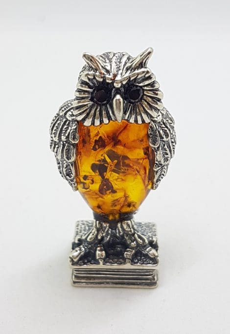 Owl Standing on Books - Solid Sterling Silver Natural Baltic Amber Small Figurine / Statue / Sculpture