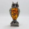 Owl Standing on Books - Solid Sterling Silver Natural Baltic Amber Small Figurine / Statue / Sculpture