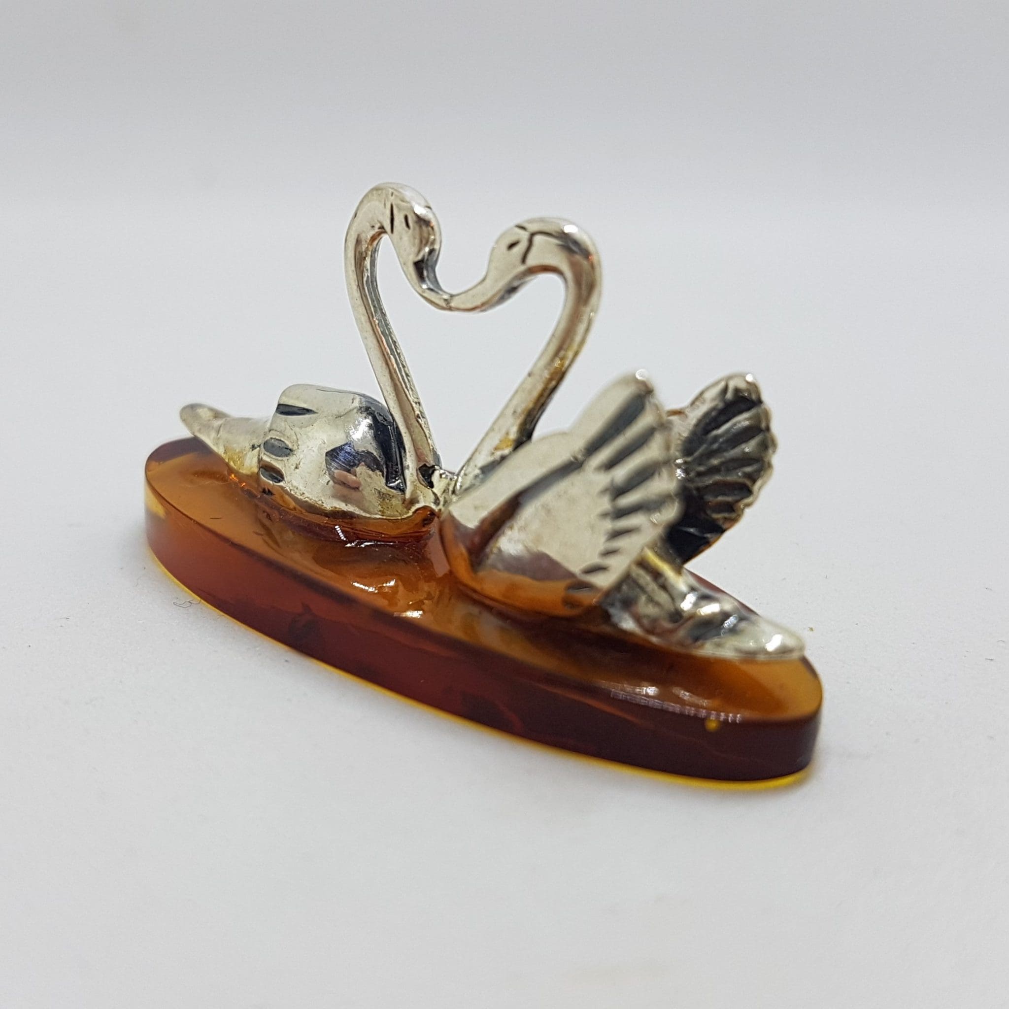 20200711_214815 Two Love Swans - Solid Sterling Silver Natural Baltic Amber Small Figurine / Statue / Sculpture