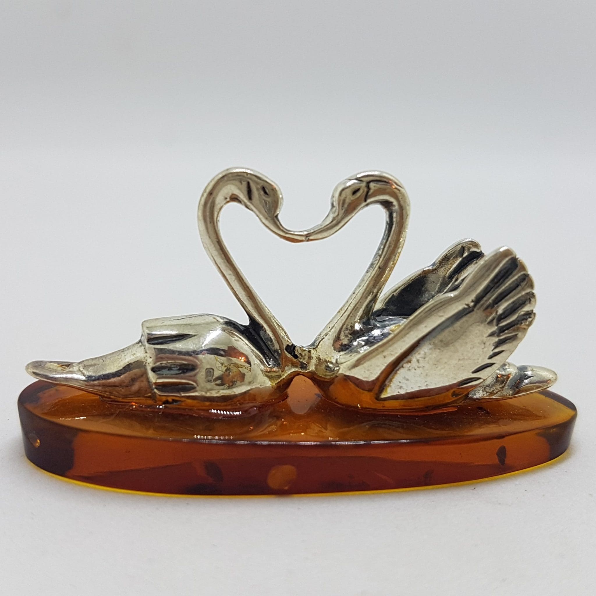 20200711_214829 Two Love Swans - Solid Sterling Silver Natural Baltic Amber Small Figurine / Statue / Sculpture