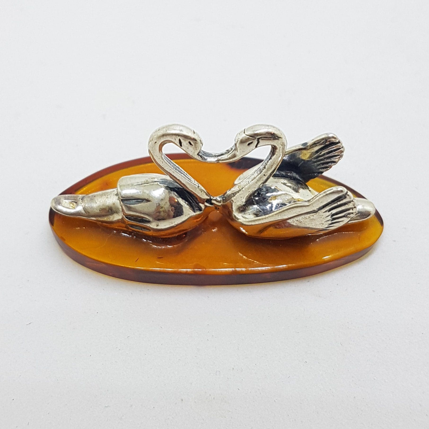 20200711_214846 Two Love Swans - Solid Sterling Silver Natural Baltic Amber Small Figurine / Statue / Sculpture