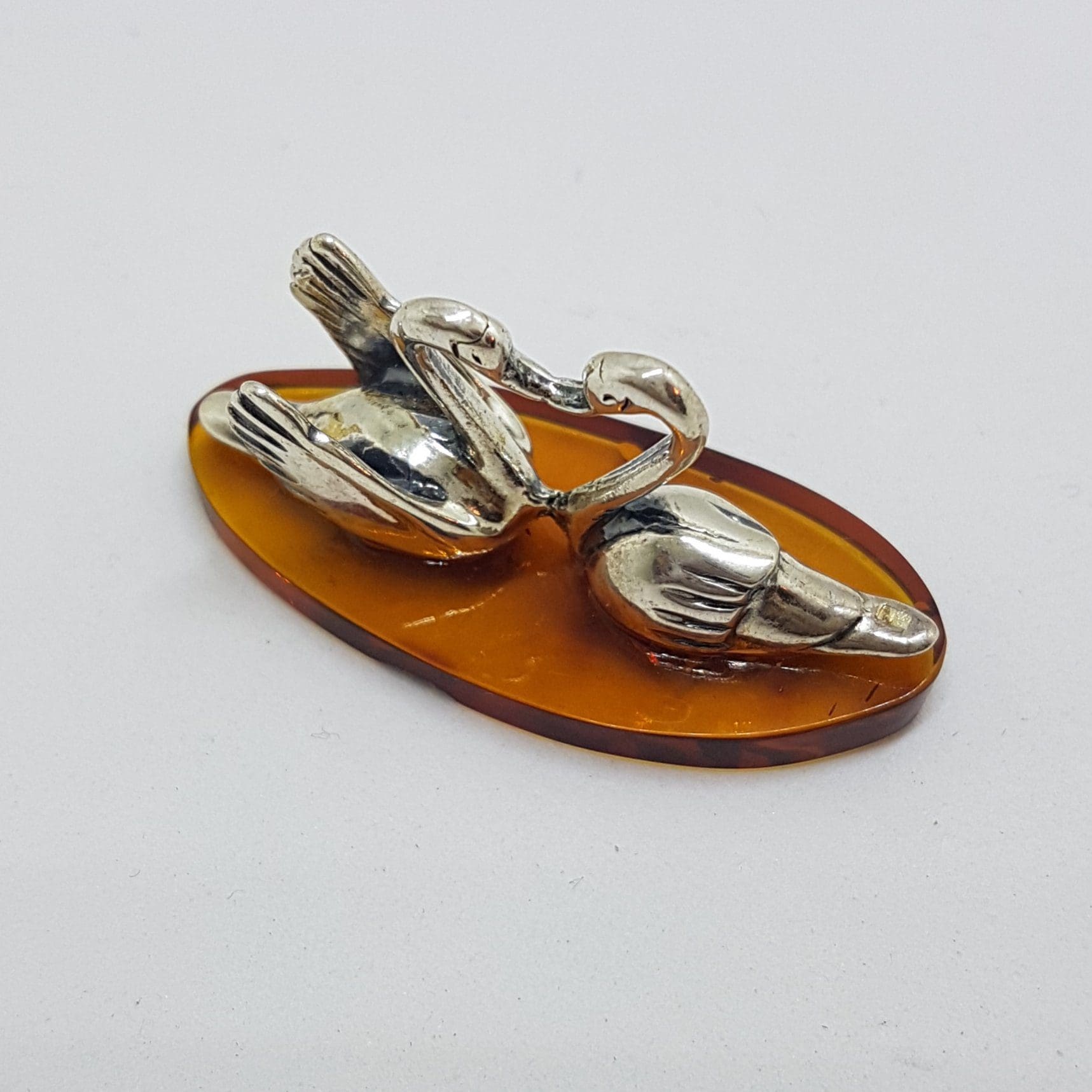 20200711_214922 Two Love Swans - Solid Sterling Silver Natural Baltic Amber Small Figurine / Statue / Sculpture