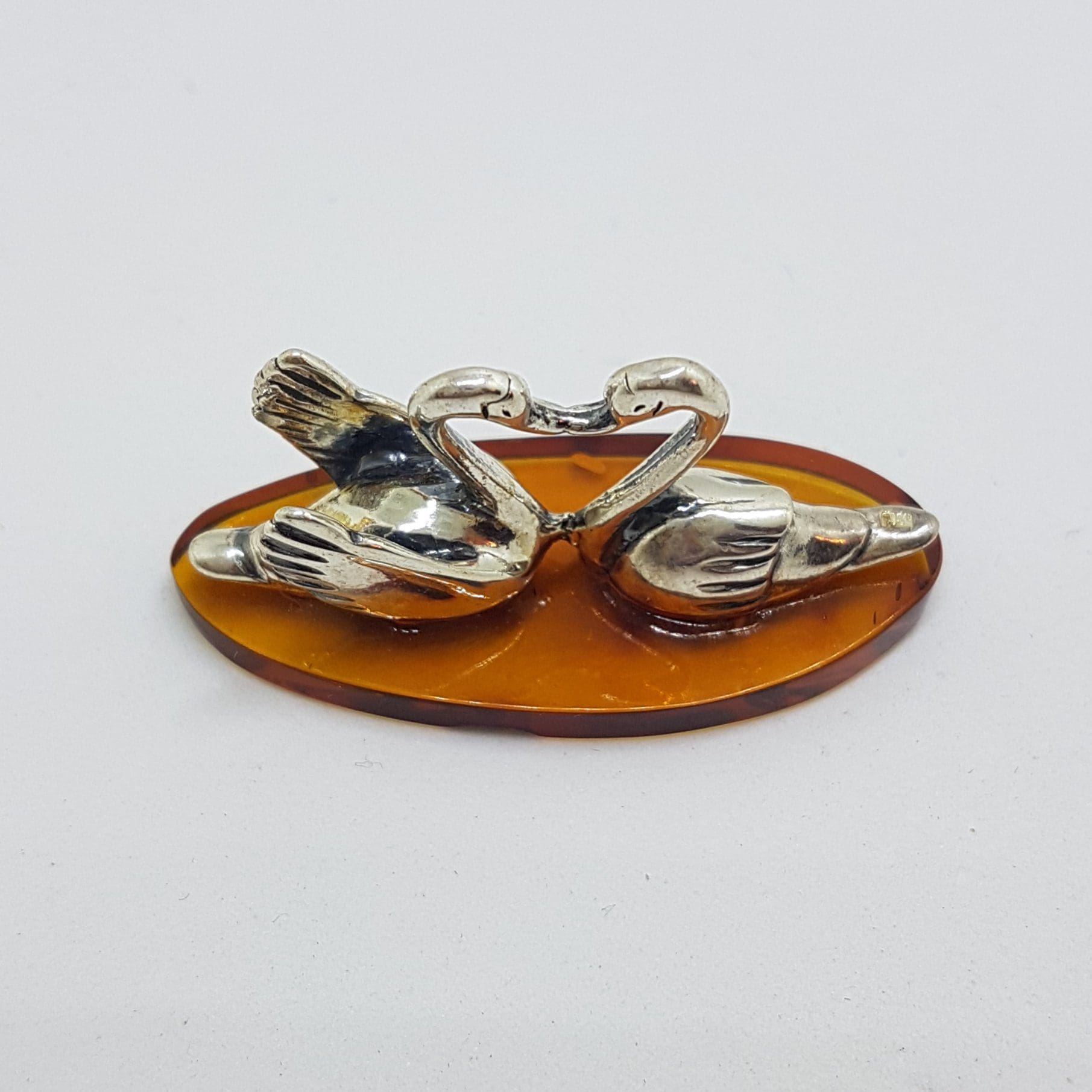 20200711_215026 Two Love Swans - Solid Sterling Silver Natural Baltic Amber Small Figurine / Statue / Sculpture